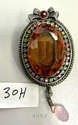 Vintage Large Statement Rhinestone Brooch Oval Amber Glass Pink Dangling Drop