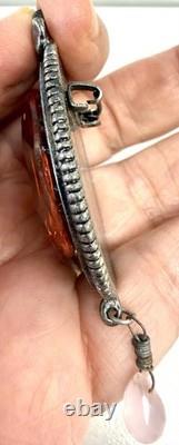 Vintage Large Statement Rhinestone Brooch Oval Amber Glass Pink Dangling Drop