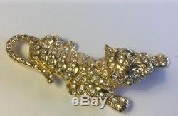 Vintage Large Trifari Tiger Brooch Pin Pave Rhinestones Gray Marquise Gold Plate