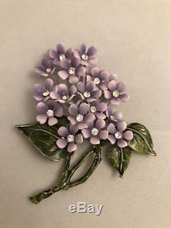 Vintage Lavender Enamel Flower Lilac Violets Brooch Earring Clip Set Rhinestones
