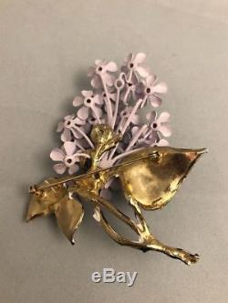 Vintage Lavender Enamel Flower Lilac Violets Brooch Earring Clip Set Rhinestones