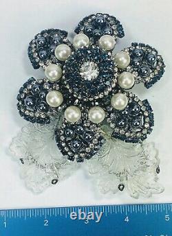 Vintage Lawrence Vrba Pearl Blue Rhinestone Flower Brooch/Pin Huge