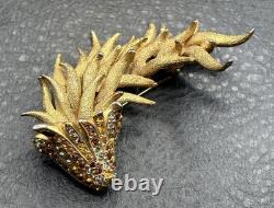Vintage Les Bernard Dragon Brooch Rhinestone Pin READ Gold Tone