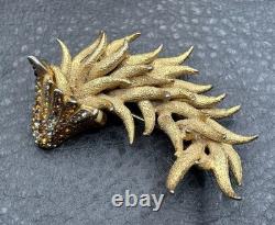 Vintage Les Bernard Dragon Brooch Rhinestone Pin READ Gold Tone