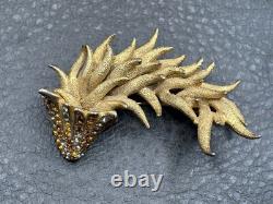 Vintage Les Bernard Dragon Brooch Rhinestone Pin READ Gold Tone
