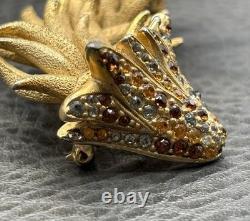 Vintage Les Bernard Dragon Brooch Rhinestone Pin READ Gold Tone