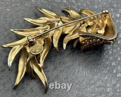 Vintage Les Bernard Dragon Brooch Rhinestone Pin READ Gold Tone