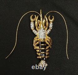 Vintage Lobster Crawfish Giant Gold Black White Crystal Rhinestone Pin Brooch