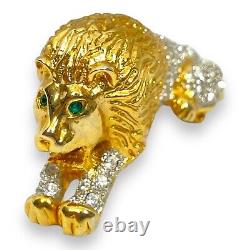 Vintage Lot Green Eye Rhinestone / Crystal Lion Gold Tone Shoulder Brooch Pin +