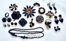 Vintage Lot Rhinestone Jewelry Brooch Pins Earrings Black White Prong Weiss Cov