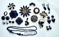 Vintage Lot Rhinestone Jewelry Brooch Pins Earrings Black White Prong Weiss Cov