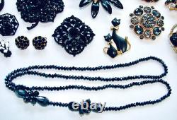 Vintage Lot Rhinestone Jewelry Brooch Pins Earrings Black White Prong Weiss Cov