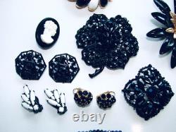 Vintage Lot Rhinestone Jewelry Brooch Pins Earrings Black White Prong Weiss Cov