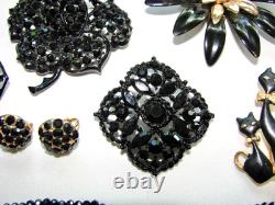 Vintage Lot Rhinestone Jewelry Brooch Pins Earrings Black White Prong Weiss Cov