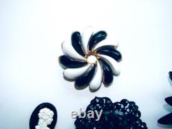 Vintage Lot Rhinestone Jewelry Brooch Pins Earrings Black White Prong Weiss Cov