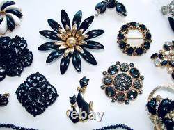 Vintage Lot Rhinestone Jewelry Brooch Pins Earrings Black White Prong Weiss Cov
