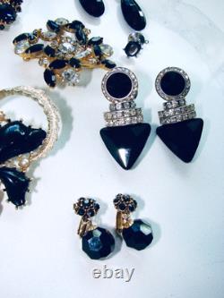 Vintage Lot Rhinestone Jewelry Brooch Pins Earrings Black White Prong Weiss Cov