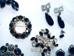 Vintage Lot Rhinestone Jewelry Brooch Pins Earrings Black White Prong Weiss Cov