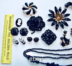 Vintage Lot Rhinestone Jewelry Brooch Pins Earrings Black White Prong Weiss Cov