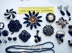 Vintage Lot Rhinestone Jewelry Brooch Pins Earrings Black White Prong Weiss Cov