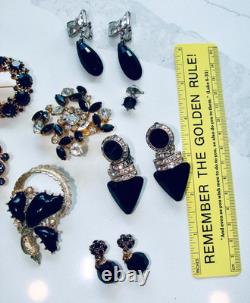 Vintage Lot Rhinestone Jewelry Brooch Pins Earrings Black White Prong Weiss Cov