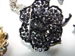 Vintage Lot Rhinestone Jewelry Brooch Pins Earrings Black White Prong Weiss Cov