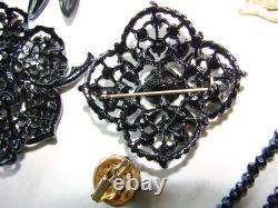 Vintage Lot Rhinestone Jewelry Brooch Pins Earrings Black White Prong Weiss Cov