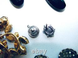 Vintage Lot Rhinestone Jewelry Brooch Pins Earrings Black White Prong Weiss Cov