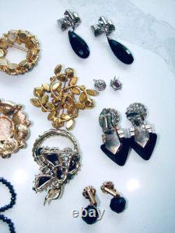 Vintage Lot Rhinestone Jewelry Brooch Pins Earrings Black White Prong Weiss Cov