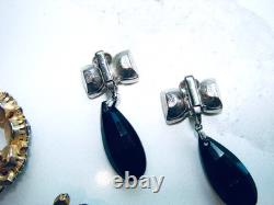 Vintage Lot Rhinestone Jewelry Brooch Pins Earrings Black White Prong Weiss Cov