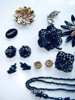 Vintage Lot Rhinestone Jewelry Brooch Pins Earrings Black White Prong Weiss Cov