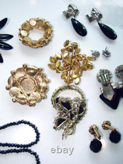 Vintage Lot Rhinestone Jewelry Brooch Pins Earrings Black White Prong Weiss Cov