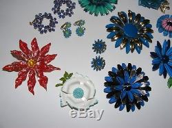 Vintage Lot of 50+ Enamel Metal Flower Brooches Pins, Earrings Excellent