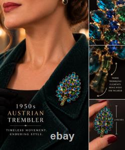 Vintage MADE IN AUSTRIA Blue Green Crystal TREMBLER Brooch Mid Century Leaf Pin