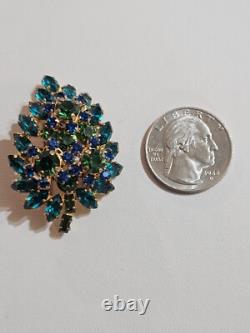 Vintage MADE IN AUSTRIA Blue Green Crystal TREMBLER Brooch Mid Century Leaf Pin