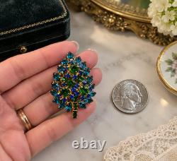 Vintage MADE IN AUSTRIA Blue Green Crystal TREMBLER Brooch Mid Century Leaf Pin