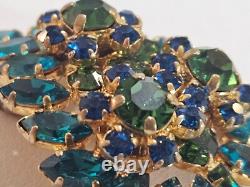 Vintage MADE IN AUSTRIA Blue Green Crystal TREMBLER Brooch Mid Century Leaf Pin