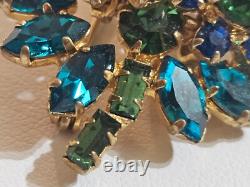 Vintage MADE IN AUSTRIA Blue Green Crystal TREMBLER Brooch Mid Century Leaf Pin