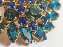 Vintage MADE IN AUSTRIA Blue Green Crystal TREMBLER Brooch Mid Century Leaf Pin