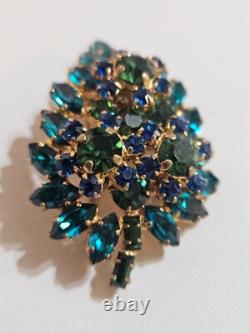 Vintage MADE IN AUSTRIA Blue Green Crystal TREMBLER Brooch Mid Century Leaf Pin