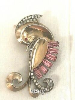 Vintage MB Boucher Phrygian Cap Figural Bird Brooch Pink & Crystal Rhinestones