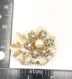 Vintage MIRIAM HASKELL Brooch Faux Pearl Clusters & Ivory Enamel Floral Brooch