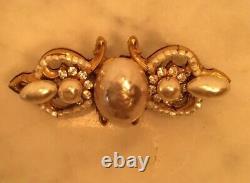 Vintage MIRIAM HASKELL Faux Pearl Seed Rhinestones Gold Tone Pin Brooch
