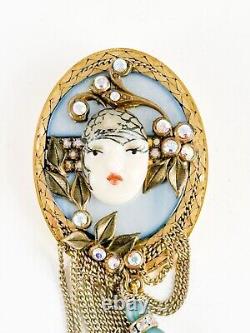 Vintage Marena Handerbeit Face Eros Art Deco Rhinestone Pin Brooch Pendant