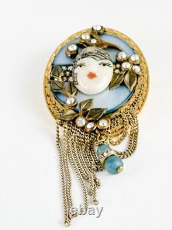 Vintage Marena Handerbeit Face Eros Art Deco Rhinestone Pin Brooch Pendant