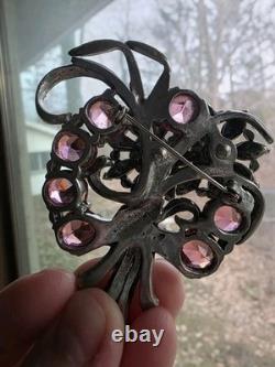 Vintage Mazer Attr. Purple, Pink Crystal Rhinestone Figural Floral Brooch