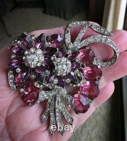 Vintage Mazer Attr. Purple, Pink Crystal Rhinestone Figural Floral Brooch