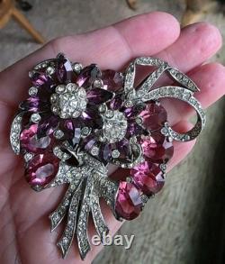 Vintage Mazer Attr. Purple, Pink Crystal Rhinestone Figural Floral Brooch