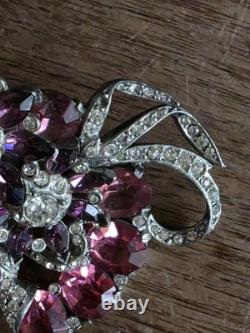 Vintage Mazer Attr. Purple, Pink Crystal Rhinestone Figural Floral Brooch