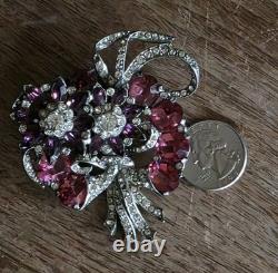 Vintage Mazer Attr. Purple, Pink Crystal Rhinestone Figural Floral Brooch